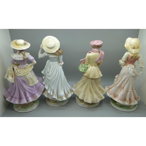 605 - Four Royal Worcester figures, Seasons, Autumn a/f, chip on hat