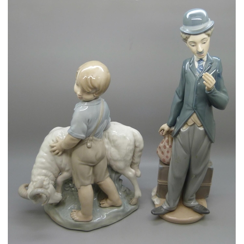 606 - A Lladro figure of Charlie Chaplin, a/f flower from left hand, and a Nao figure of a boy with ram