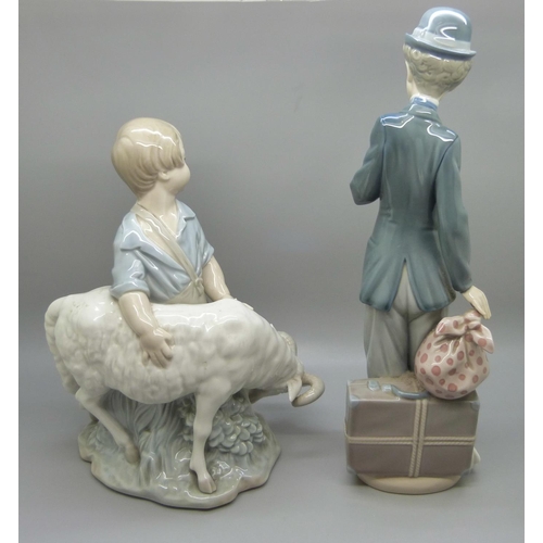 606 - A Lladro figure of Charlie Chaplin, a/f flower from left hand, and a Nao figure of a boy with ram