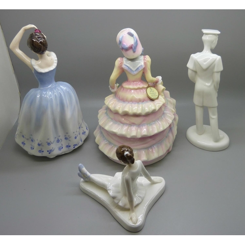 611 - Four Royal Doulton figures, Hannah, Sheila, Stage Struck and boxed Graduate Male