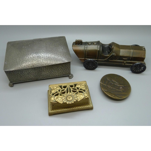 623 - A 1970's American car money bank, Addison State Bank, Illinois, a hammered pewter box, a brass Arts ... 