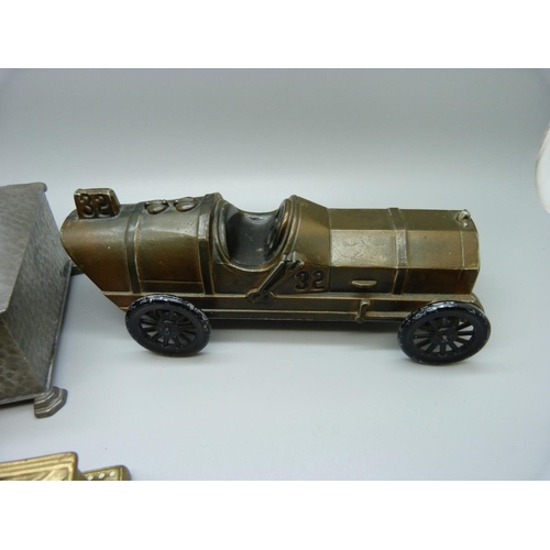 623 - A 1970's American car money bank, Addison State Bank, Illinois, a hammered pewter box, a brass Arts ... 