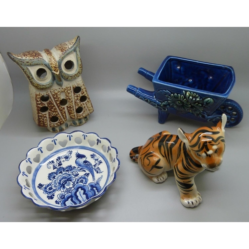 625 - A Russian figure of a tiger cub, a Delft pierced dish, a studio pottery owl tea light holder and a w... 