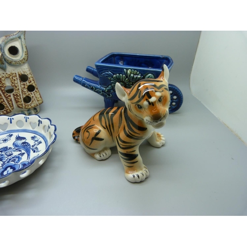 625 - A Russian figure of a tiger cub, a Delft pierced dish, a studio pottery owl tea light holder and a w... 