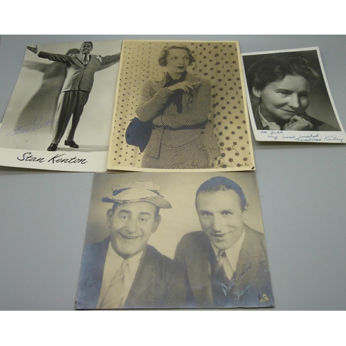 630 - Autographed photographs including Flanagan and Allen and Stan Kenton, (4)