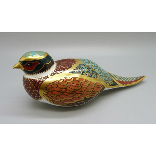 650 - A Royal Crown Derby Woodland Pheasant paperweight with gold stopper