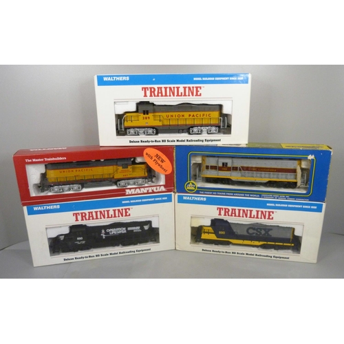 653 - Five HO gauge model locomotives, three Walthers, A.H.M. and Mantua