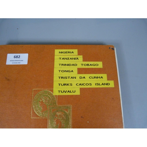 682 - Three stamp albums including South Africa, Egypt, Gambia, Dominica, Tanzania, Tonga, etc.