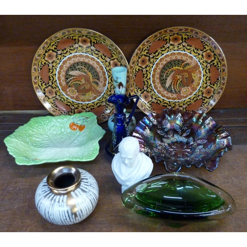 687 - A West German vase, a bust of Sir Walter Scott, a glass dish, carnival glass bowl, etc.