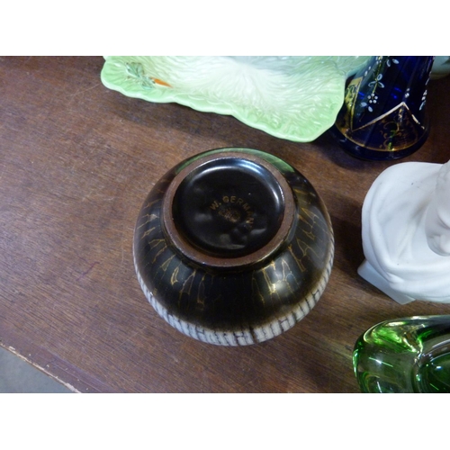 687 - A West German vase, a bust of Sir Walter Scott, a glass dish, carnival glass bowl, etc.