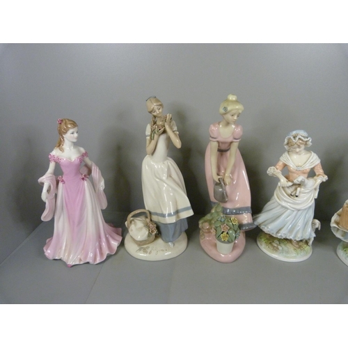 693 - Three Royal Worcester figures and two other figures, one a/f, watering can damaged