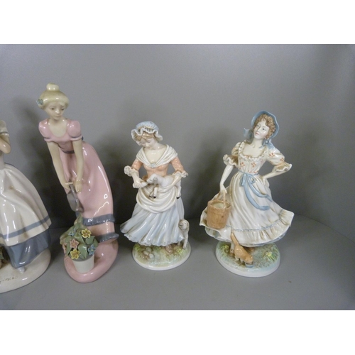 693 - Three Royal Worcester figures and two other figures, one a/f, watering can damaged