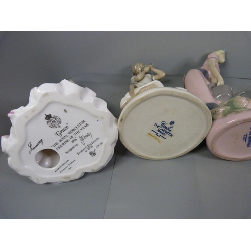 693 - Three Royal Worcester figures and two other figures, one a/f, watering can damaged