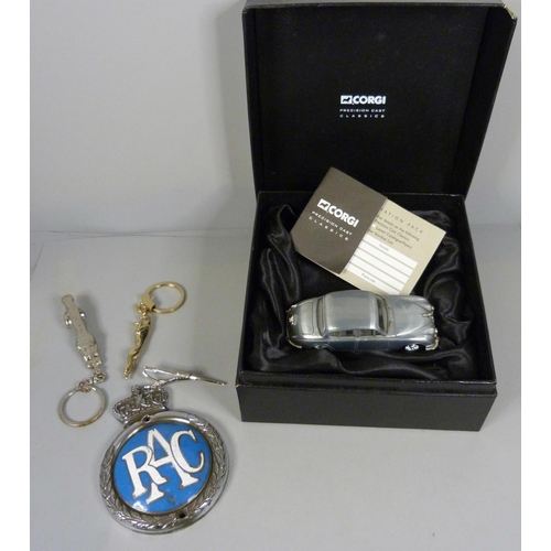 722 - A RAC badge, a Corgi model Jaguar mk II, boxed, two Jaguar key rings and a Rolls-Royce tie-clip