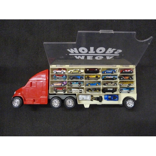 791 - A Mega Motors display case lorry with 46 Hot Wheels cars