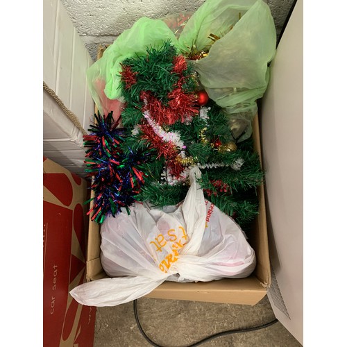 2266 - Christmas decorations job lot: 2 trees plus box of decorations