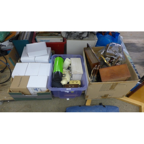 2086 - 3 Boxes of household items: one box of light bulbs plus vintage phones, carriage clocks, horse and c... 