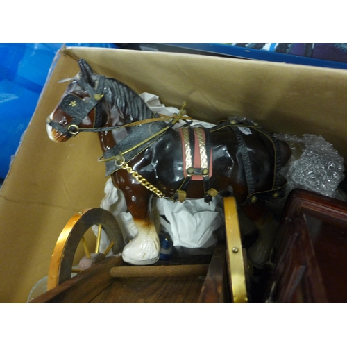 2086 - 3 Boxes of household items: one box of light bulbs plus vintage phones, carriage clocks, horse and c... 