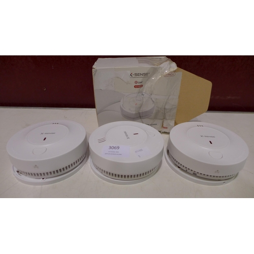 3069 - Three X-Sense wireless interlinked smoke alarms (model: SD19-W)