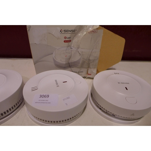 3069 - Three X-Sense wireless interlinked smoke alarms (model: SD19-W)