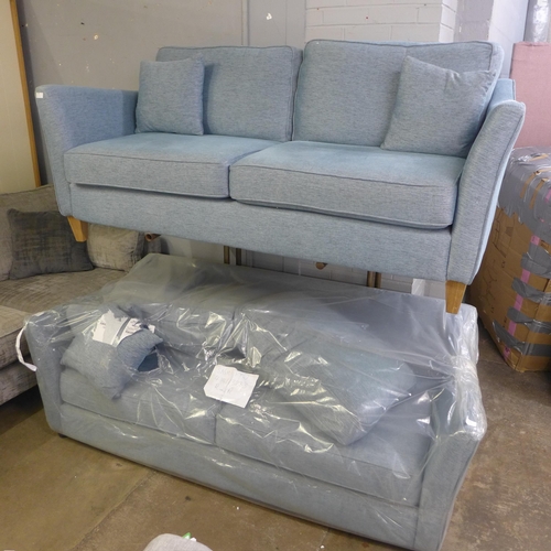 1380 - A pair of sky blue upholstered three seater sofas