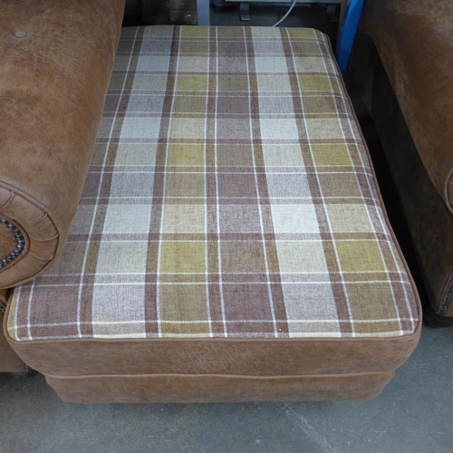 1475 - A County tan upholstered three seater sofa and love seat with tartan print footstool * this lot is s... 