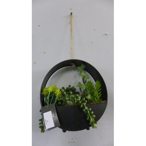 1308 - A display of artificial succulents in a round metal hanging pot, H 20cms (67444212)   #