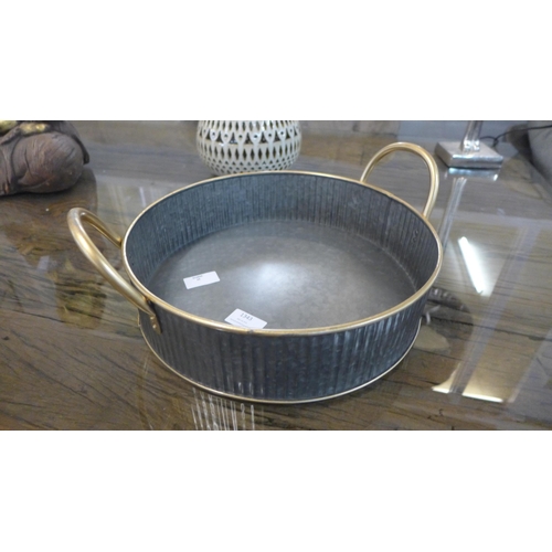 1323 - A galvanised metal tray with contrasting metal gold finish handles 53cm (369944340)