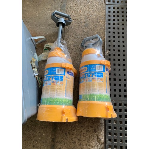 2116 - Two Hozelock garden sprayers, unused, wire netting, 4ft x 4ft tarpaulin, Round Up weed killer, scree... 