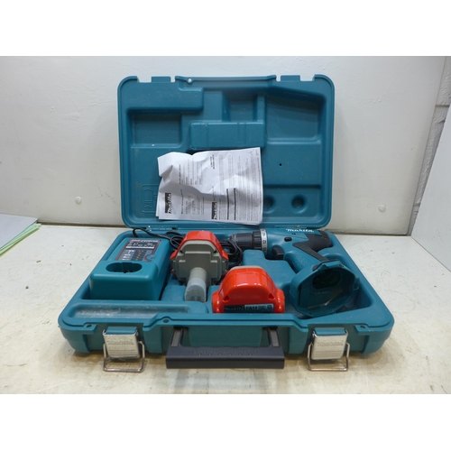2028 - Makita 14v cordless drill with two batteries and charger in case