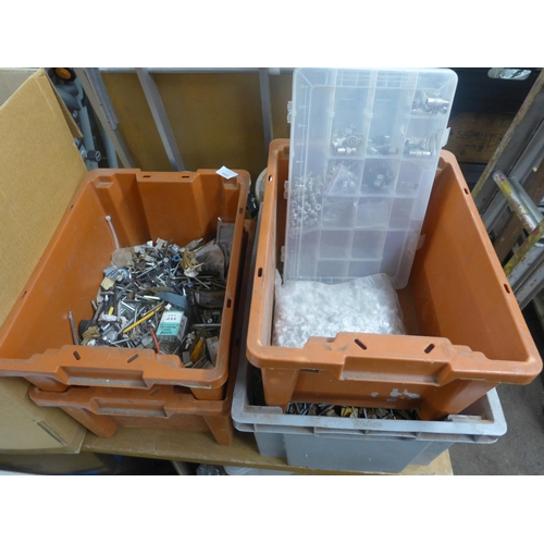2058 - Four large bins of screws, nuts, electrical, parts, etc.