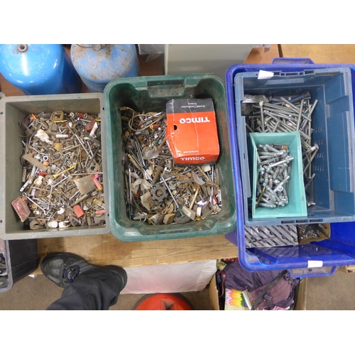 2084 - 4 Large bins of coach bolts, screws and joinery consumables