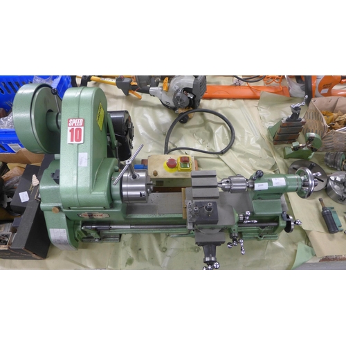 2092 - Myford Super 10 single phase 240v electric lathe with spare gearset, 2 tool posts, end stop, facepla... 