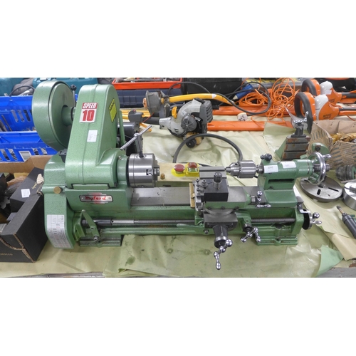 2092 - Myford Super 10 single phase 240v electric lathe with spare gearset, 2 tool posts, end stop, facepla... 