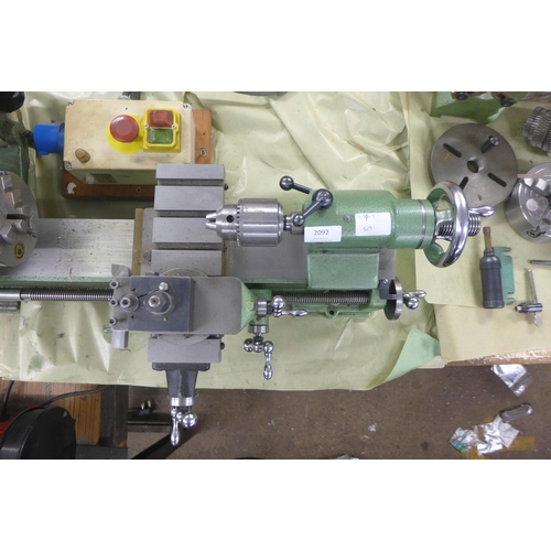 2092 - Myford Super 10 single phase 240v electric lathe with spare gearset, 2 tool posts, end stop, facepla... 