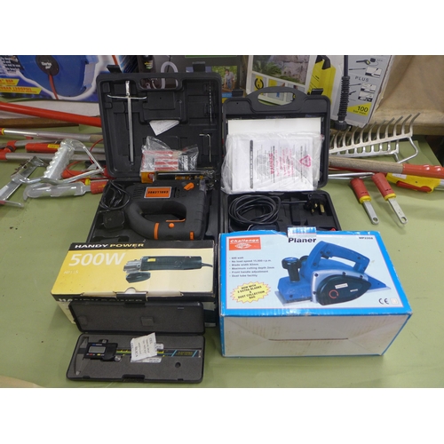 2096 - Challenge brand jigsaw, Osaki M32E multi tool, Challenge electric planer, 0/150cm digital caliper an... 