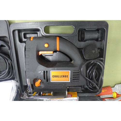 2096 - Challenge brand jigsaw, Osaki M32E multi tool, Challenge electric planer, 0/150cm digital caliper an... 