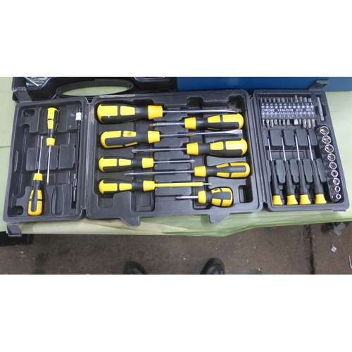 2101 - Toolbox, screwdriver set and a tray of screws