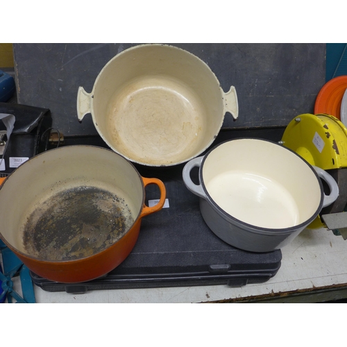 2178 - 3 cast metal pans, one Le Creuset