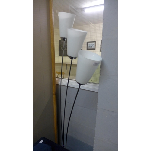 1388 - A contemporary three arm floor lamp with white glass shades, H 150cms (PLFL163W60)   #