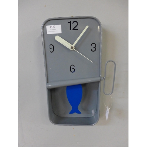 1408 - A grey metal sardine tin wall clock, H 30cms (HKL1110)   #