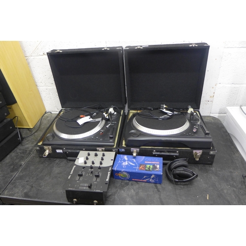 2213 - Two Numark turntable decks TT1625, microphone, headphones & Numark DM950 mixing deck