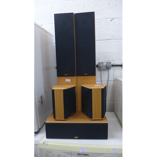 2225 - Gale oak speaker set: 2 floor standing, 2 bookshelf and centre speaker