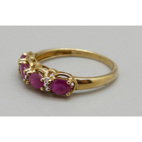 1013 - A 9ct gold, ruby and diamond ring, 1.5g, L