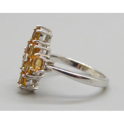 1027 - A 9ct white gold, diamond and citrine cluster ring, 3.5g, N