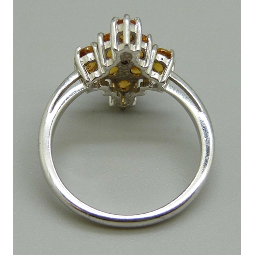 1027 - A 9ct white gold, diamond and citrine cluster ring, 3.5g, N