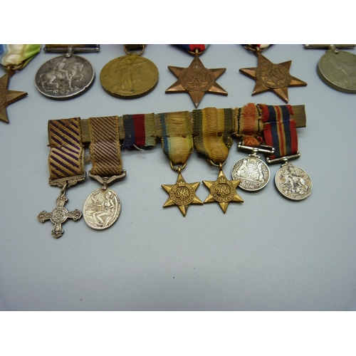 1041 - A pair of WWI medals to 7-4551 Pte. H. Lock North'd Fus., rims a/f, five WWII medals and a medal min... 