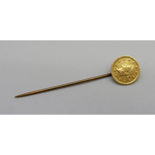 1042 - A U.S. 1853 one dollar gold coin stick pin, weight 1.9g with metal pin