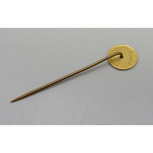 1042 - A U.S. 1853 one dollar gold coin stick pin, weight 1.9g with metal pin