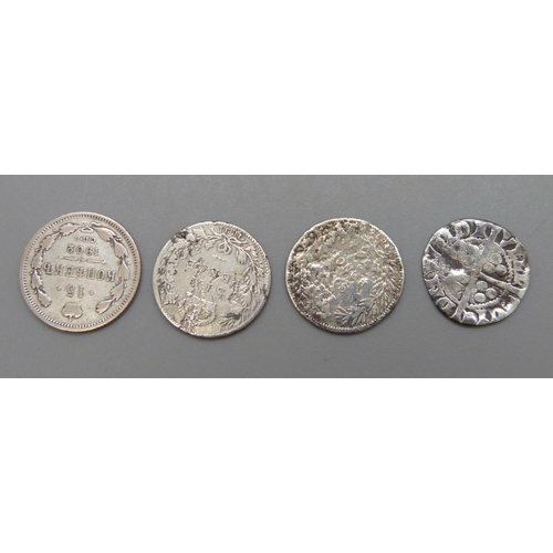 1059 - An Edward I 1272 silver penny, Newcastle mint, a Russian 15 Kopek and two Victorian silver sixpence ... 